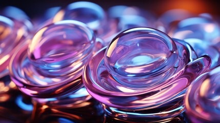 Close-up of small blue and purple glass, in the style of glowing objects, circular abstraction, soft and rounded shapes