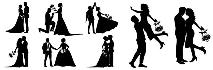 set of silhouettes romantice couple - obrazy, fototapety, plakaty
