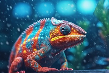 Fototapeta premium closeup of colorful chameleon in psychedelic. generative ai