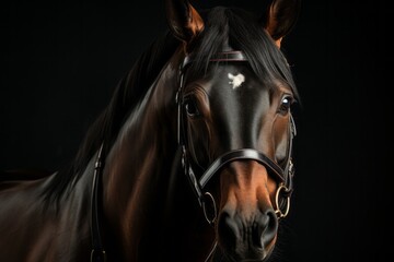 dark horse side view on a black background, naturalistic light style, dark brown