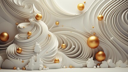 Christmas decorative background 3d winter white color illustration with golden balls