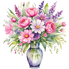 Watercolor illustration pink and purple flowers arrange in the beautiful vase. Creative graphics design.