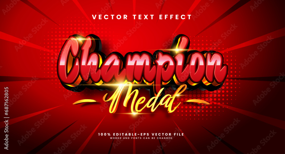 Poster champion medal editable text style effect. vector text effect with an elegant red color to show stre