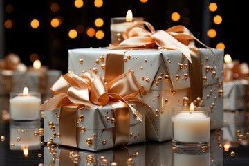 golden gifts and bows, in white and bronze style