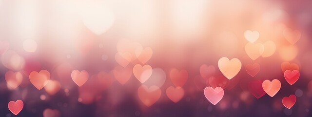 Shiny pink and red romantic background with hearts in the bokeh style, a banner for Valentine's Day.