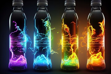 A creative shot of an energy drink bottle, capturing dynamic energy splashes and a vibrant glow. Essence of vitality and the energizing impact of the beverage. - obrazy, fototapety, plakaty