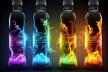 Foto op Plexiglas A creative shot of an energy drink bottle, capturing dynamic energy splashes and a vibrant glow. Essence of vitality and the energizing impact of the beverage. © Ilia