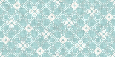 Aqua teal blue white vibrant watercolor batik azulejos tile border banner background. Seamless coastal blur linen effect geometric mosaic effect.Boho Patchwork nautical masculine summer ribbon trim. 