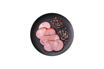 Delicious smoked sausage with salt and spices cut into slices
