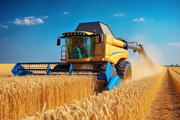 Agriculture, Combine harvester harvests golden wheat. 