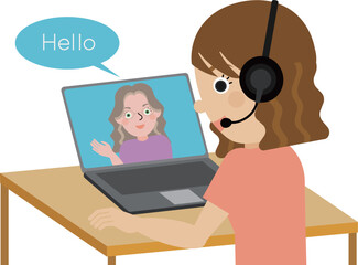 オンラインで英話で挨拶をしている日本人女性の斜め後ろアングルのイラスト
