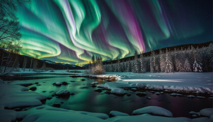 Winter landscape at night with colored northern lights