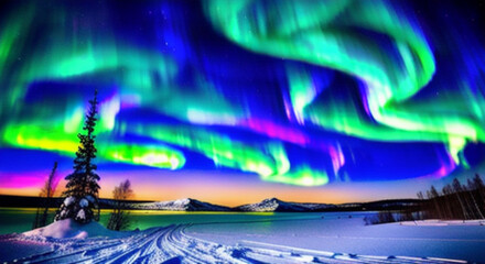 Winter landscape at night with colored northern lights