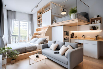 A compact studio apartment with space-saving furniture and multifunctional design, coziness and functionality with Scandinavian-inspired space-saving solutions in modern interiors - obrazy, fototapety, plakaty
