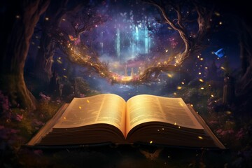 AI generated illustration of a magical open book lying on a lush grassy meadow - obrazy, fototapety, plakaty