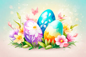 Happy easter greeting card with colourful eggs and flowers. Watercolor.