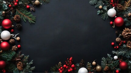 Christmas themed border crafted from wintry elements on a black background Flat perspective Festive idea, top view without perspective.