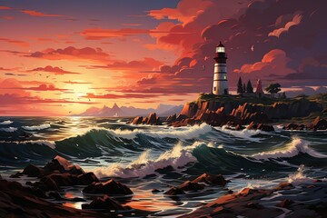 painting of a lighthouse on a promontory at sunset