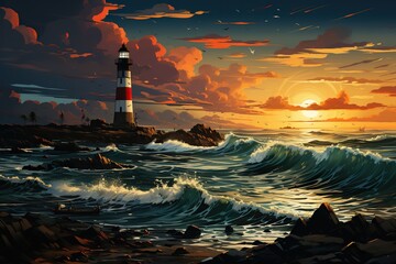 painting of a lighthouse on a promontory at sunset - obrazy, fototapety, plakaty