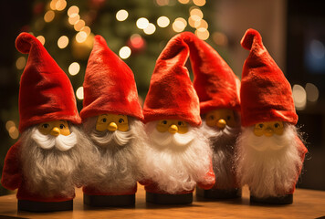 Festive Season Warmth with a Row of Jolly Santa Figurines Against Twinkling Lights