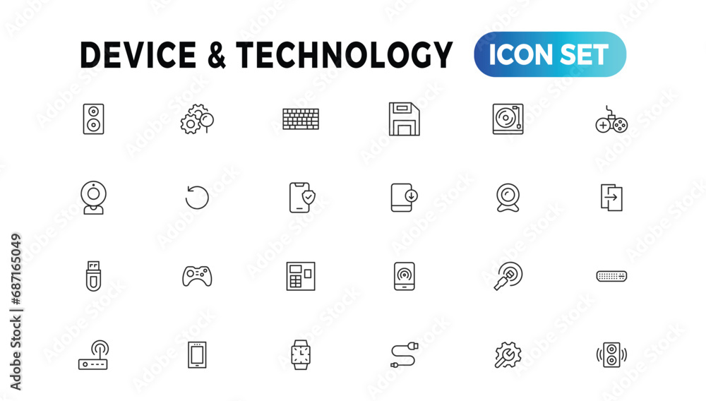 Poster device and information technology line icons collection. big ui icon set in a flat design. thin outl