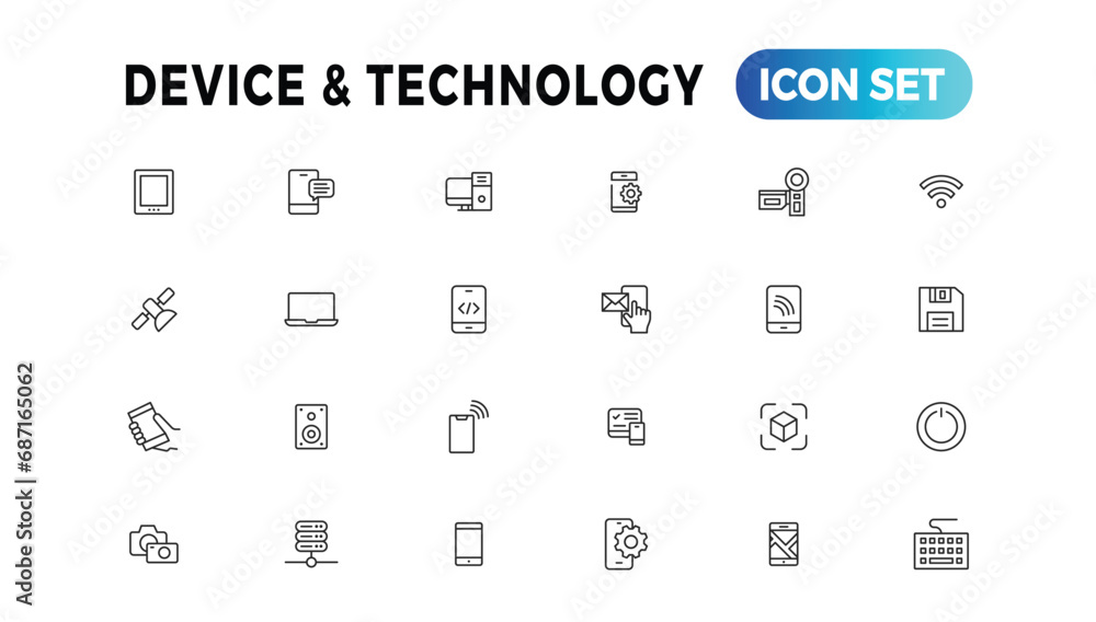 Poster device and information technology line icons collection. big ui icon set in a flat design. thin outl