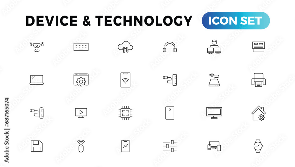 Poster device and information technology line icons collection. big ui icon set in a flat design. thin outl