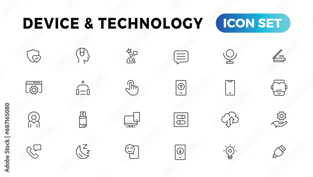 Poster device and information technology line icons collection. big ui icon set in a flat design. thin outl