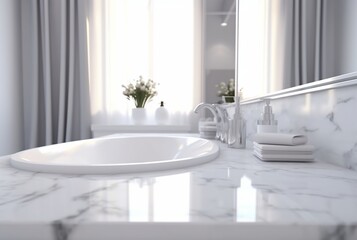 Elegant white bathroom interior with white marble. generative ai