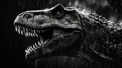 Aggressive toothy ti-rex with open toothy mouth in monochrome style. Attacking prehistoric predator. Illustration for cover, postcard, interior design, banner, brochure, etc.