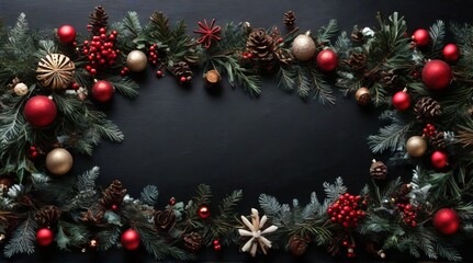 Christmas themed border crafted from wintry elements on a black background Flat perspective Festive idea, top view without perspective.