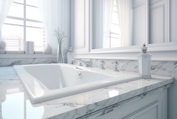 Elegant white bathroom interior with white marble. generative ai