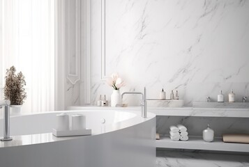 Elegant white bathroom interior with white marble. generative ai