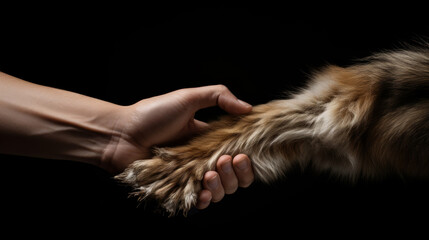 Handshake of human hand and wolf. Animal and human handshake. Human hand and animal paw....