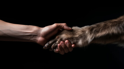 Fototapeta premium Handshake of human hand and animal. Animal and human handshake. Human hand and animal paw. Collaboration between human and nature and animals. Isolated on black background