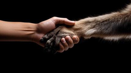 Handshake of human hand and dog. Animal and human handshake. Human hand and animal paw. Collaboration between human and nature and animals. Isolated on black background