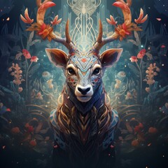 a digital art of a deer with flowers
