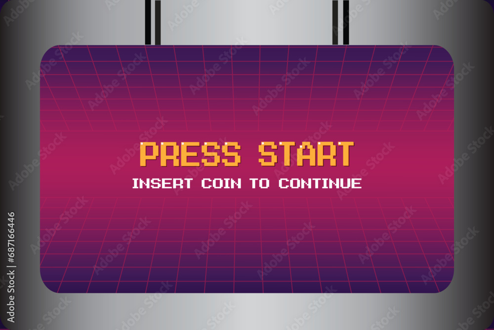 Poster press start insert a coin to continue. pixel art .8 bit game. retro game. for game assets in vector 