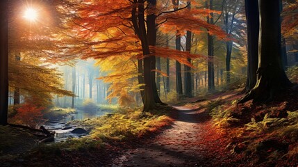 A serene autumn forest scene with vibrant leaves falling gently, creating a carpet of colors on the woodland floor.