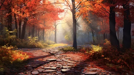 Keuken spatwand met foto A serene autumn forest scene with vibrant leaves falling gently, creating a carpet of colors on the woodland floor. © Ibraheem