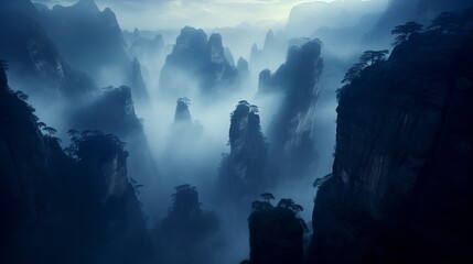 a foggy mountain range with trees - obrazy, fototapety, plakaty
