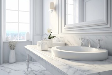 Elegant white bathroom interior with white marble. generative ai