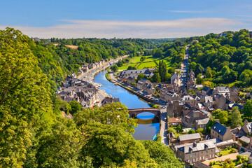 Beautiful village of Dinan, on the River Rance, Brittany, France. High angle view. - obrazy, fototapety, plakaty