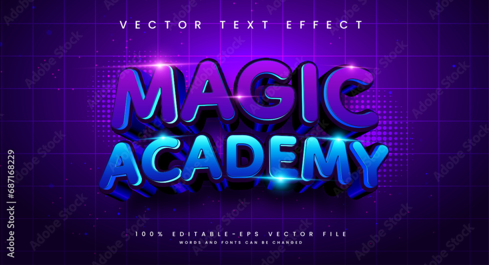 Poster magic academy editable text style effect. vector text effect with a combination of purple and blue, 