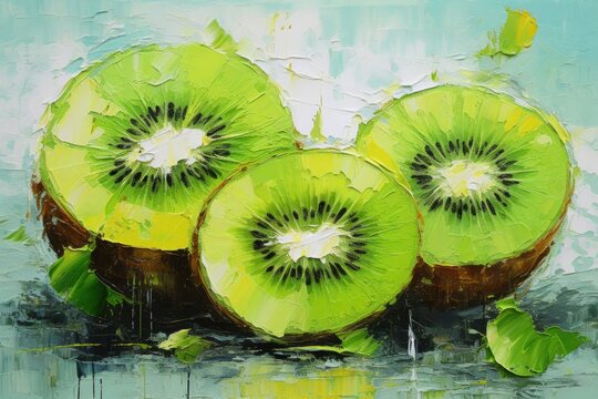 palette knife textured painting kiwi Slice of fresh kiwi fruit