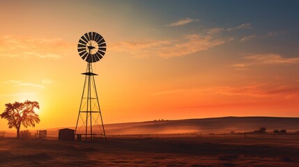 A serene countryside sunrise, with a lone windmill silhouetted against the warm colors of the morning sky.
