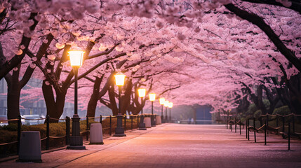 桜並木、ライトアップされた満開の桜と散歩道の風景