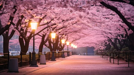 Fotobehang 桜並木、ライトアップされた満開の桜と散歩道の風景 © tota