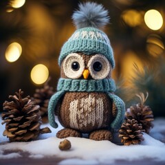 a knitted owl with a hat and scarf
