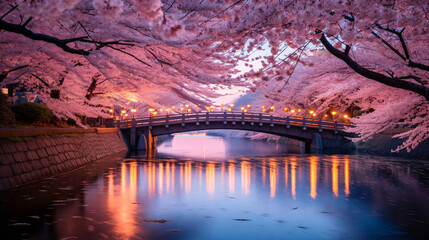 Fototapeta premium 都会の夜桜,、満開の桜と川と橋の風景